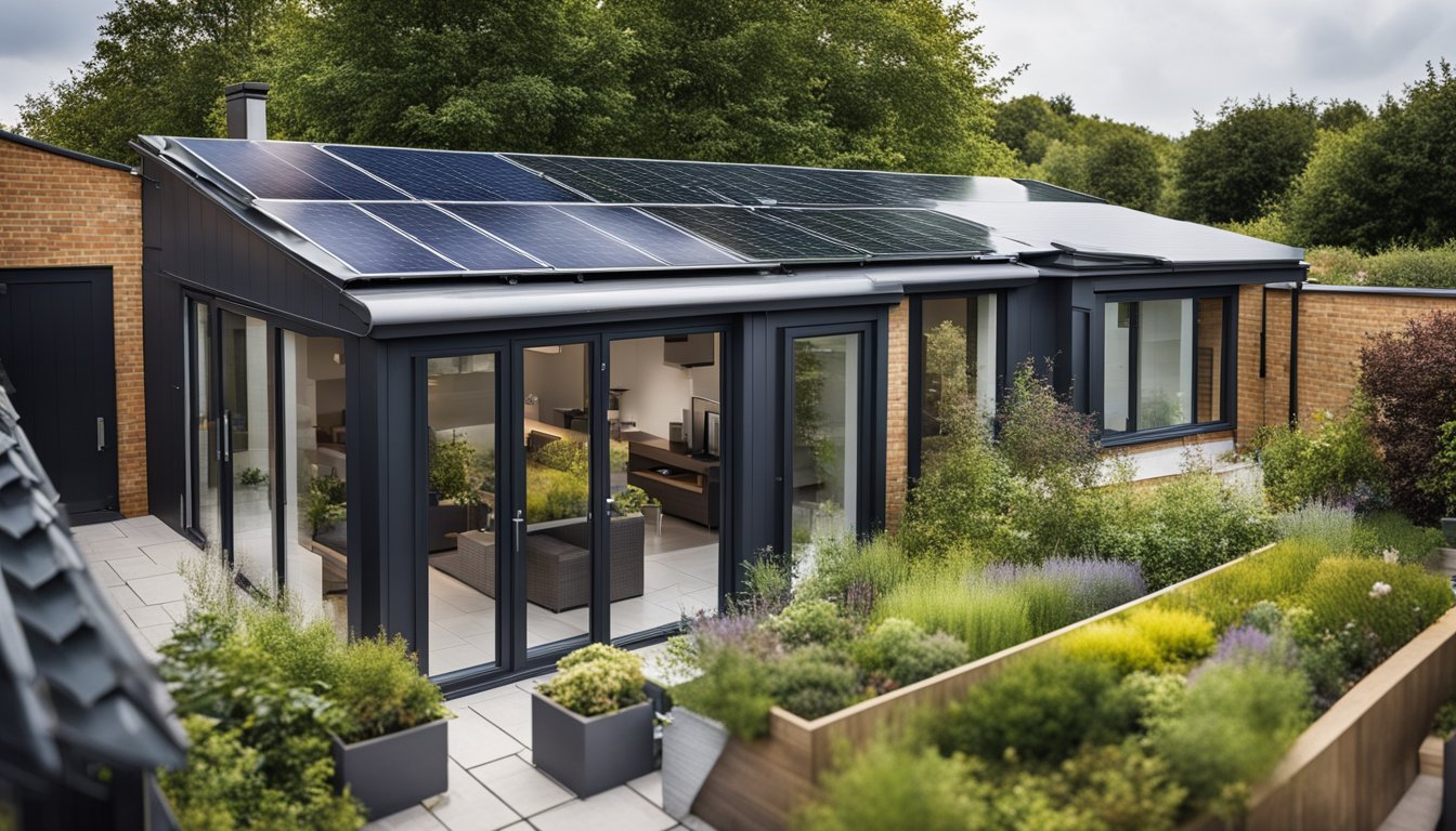 A modern UK home with a green roof garden, solar panels, and rainwater collection system