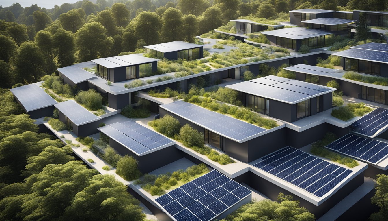 A modern, eco-friendly roof design with innovative materials and technologies, featuring solar panels, greenery, and sleek, sustainable construction