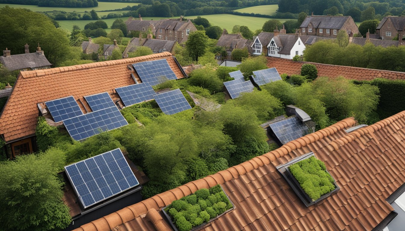 A modern eco-friendly roof design with solar panels and greenery, set against a backdrop of traditional UK homes