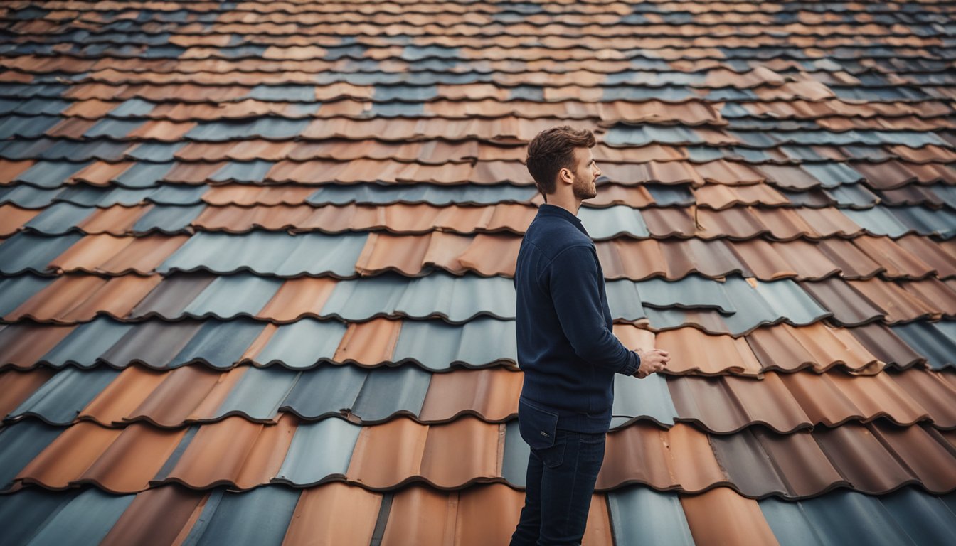 A homeowner in the UK stands in front of a variety of roofing tiles, comparing and considering the benefits of using recycled materials