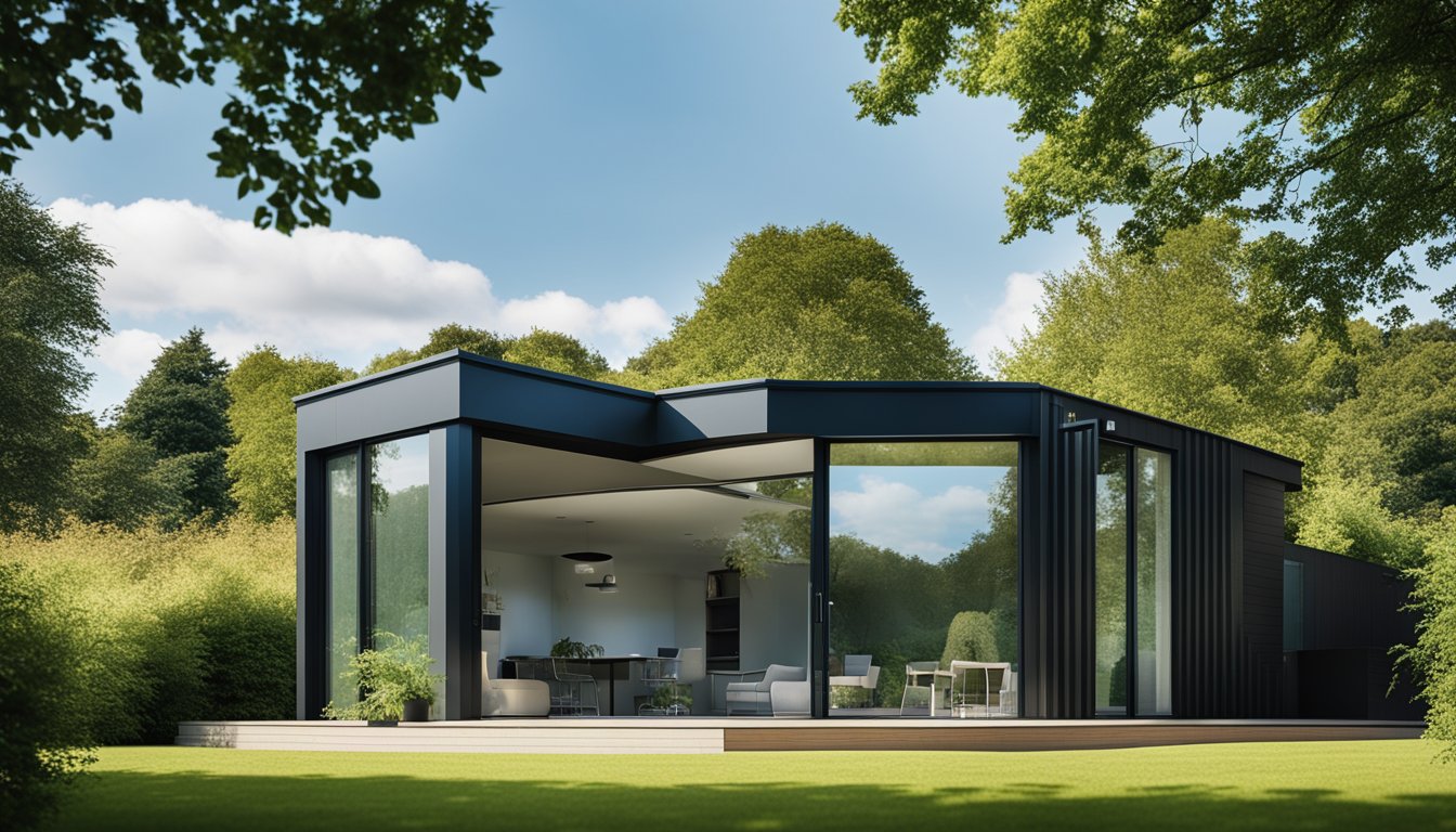 A modern UK home with a flat roof, surrounded by greenery and under a clear blue sky