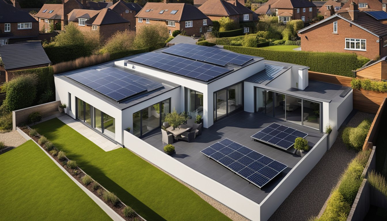 A modern UK home with a flat roofing system, featuring efficient drainage and space for solar panels