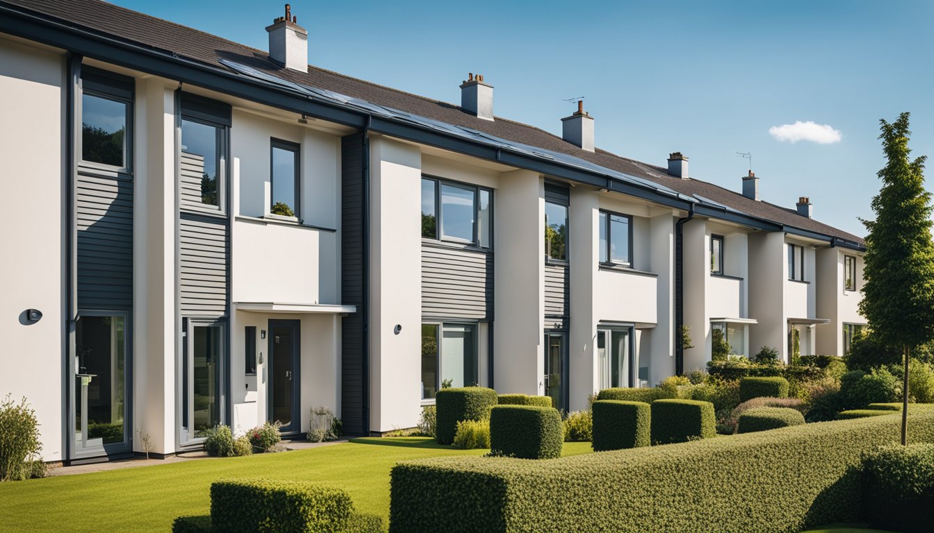 A row of modern UK homes with flat roofing, surrounded by greenery under a clear blue sky