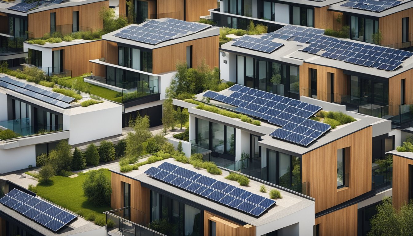 A row of modern urban homes with eco-friendly roofing options like green roofs and solar panels