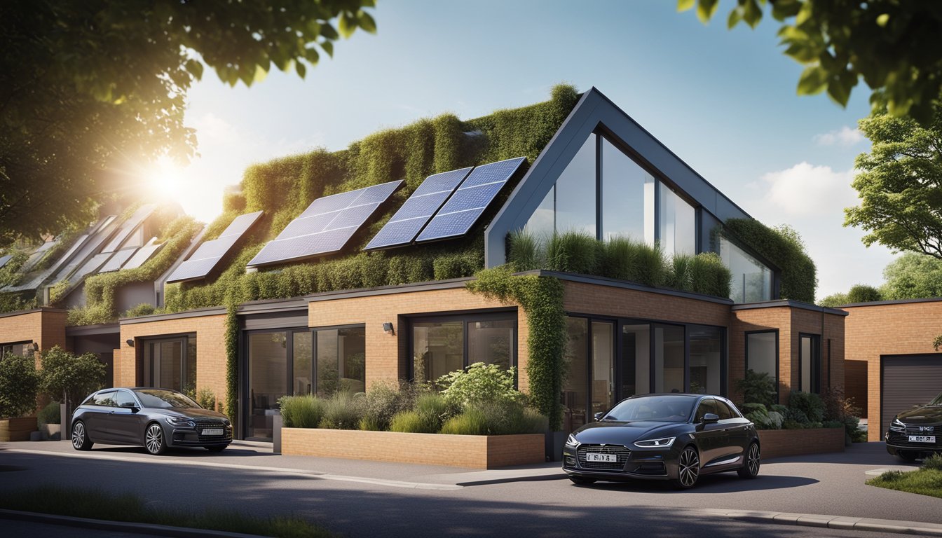 A modern urban home with a sleek, innovative roof design, featuring solar panels and greenery, surrounded by other similar homes in a bustling UK city