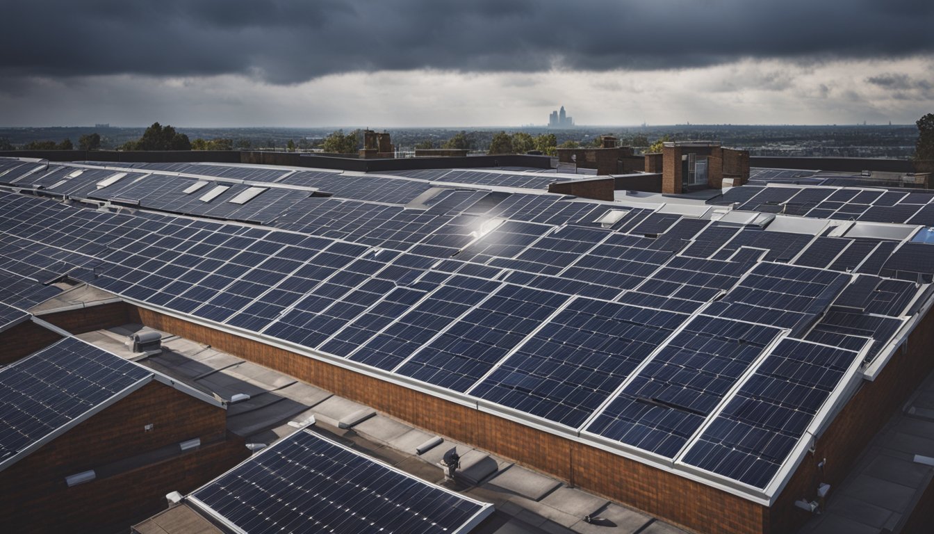 A rooftop with various types of lighting fixtures, including solar panels and LED lights, against a backdrop of a cloudy sky in the UK