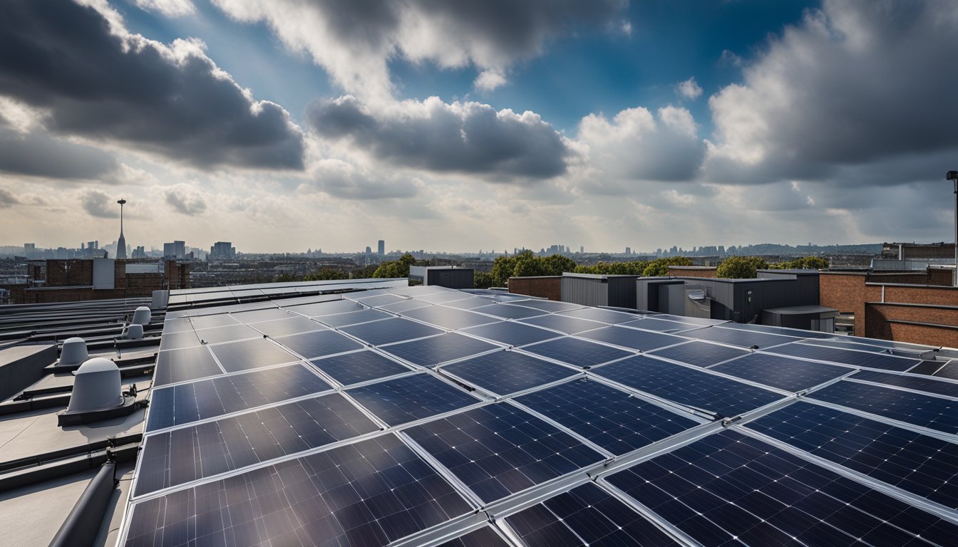 A rooftop with various types of lighting installations, including solar panels and LED fixtures, set against the backdrop of a cloudy UK sky