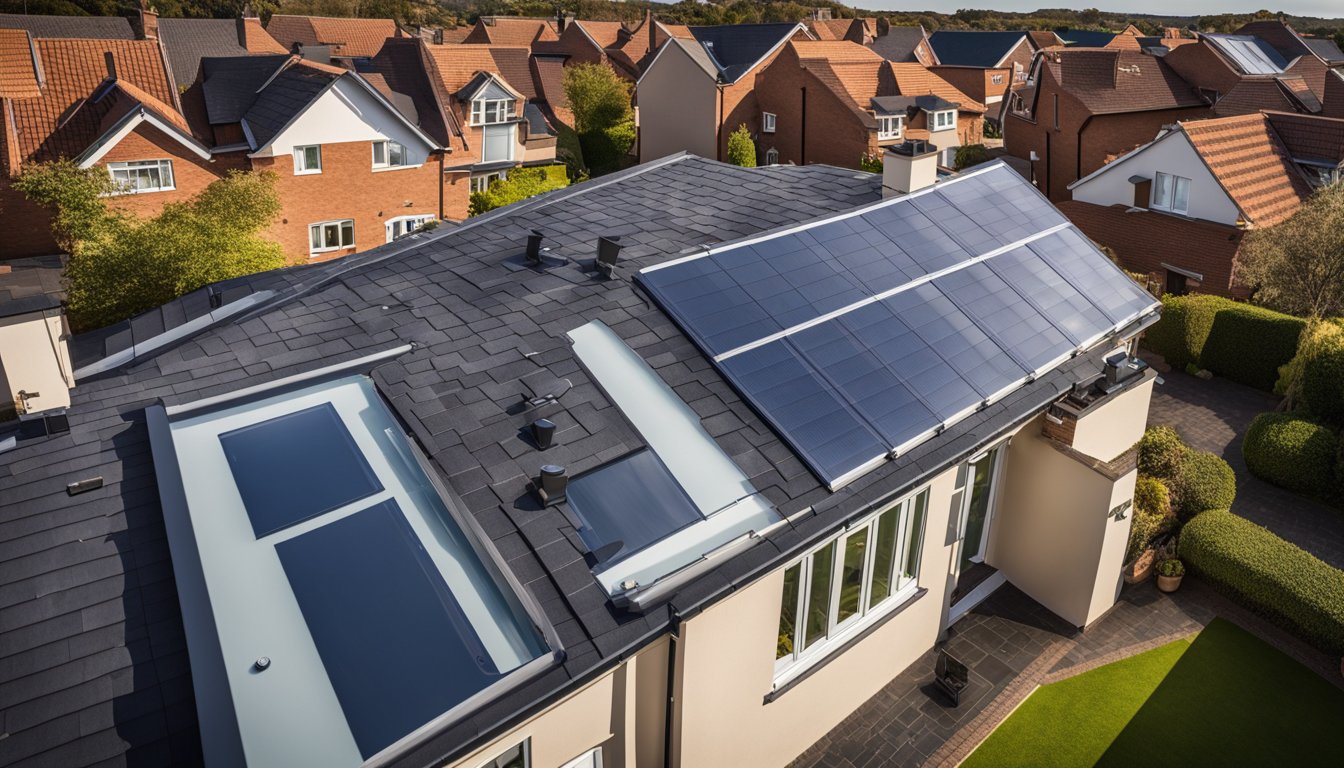 A smart roof monitoring system with sensors and technology integrated into a UK home's roof, providing real-time data on performance and longevity