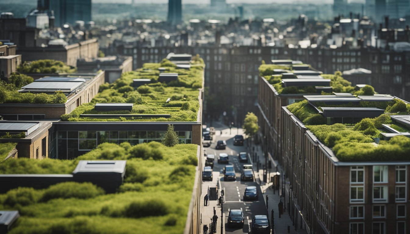 A cityscape with buildings featuring lush, thriving green roofs, surrounded by urban UK areas