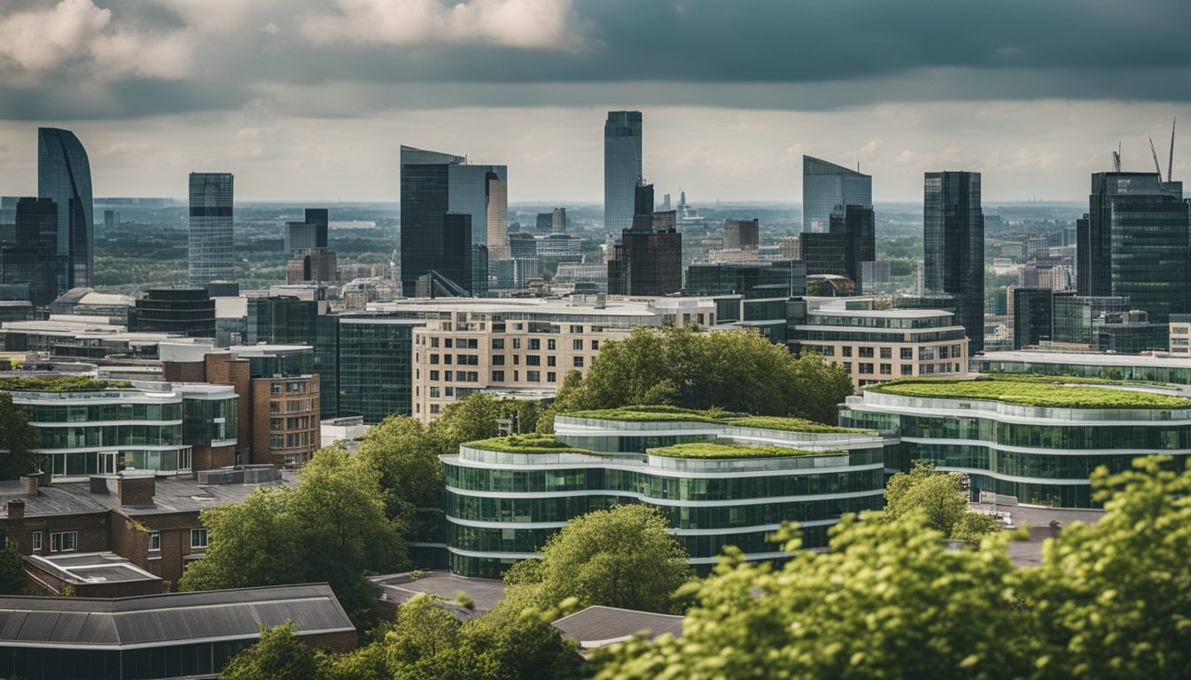 A cityscape with buildings featuring green roofs, surrounded by urban areas in the UK