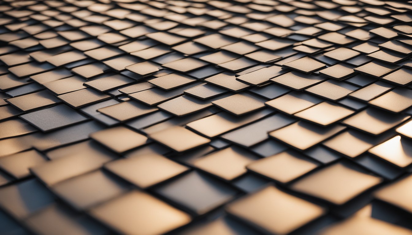 A modern UK rooftop with fire-resistant materials, including tiles and insulation, under the bright sun