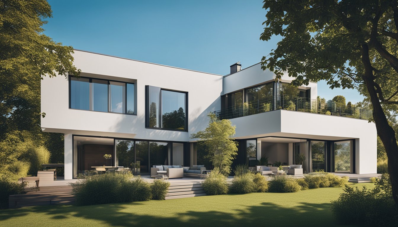 A modern house with a fire-resistant roof, surrounded by other buildings, trees, and a clear blue sky