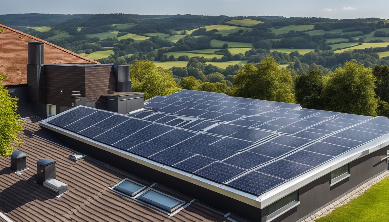 A modern, sleekly designed roof with solar panels and greenery integrated, showcasing the latest roofing trends in the UK for 2024