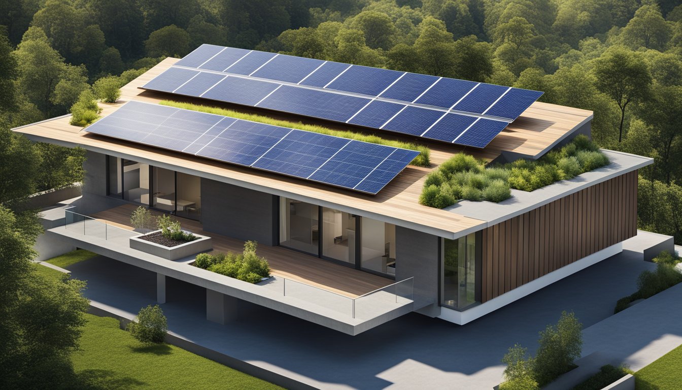 A modern, sustainable roof with solar panels, greenery, and efficient insulation. The design incorporates advanced materials and technology for energy efficiency