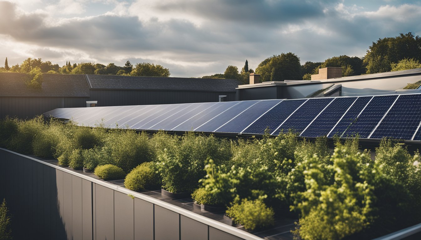 A modern UK rooftop with sleek solar panels, greenery, and innovative materials