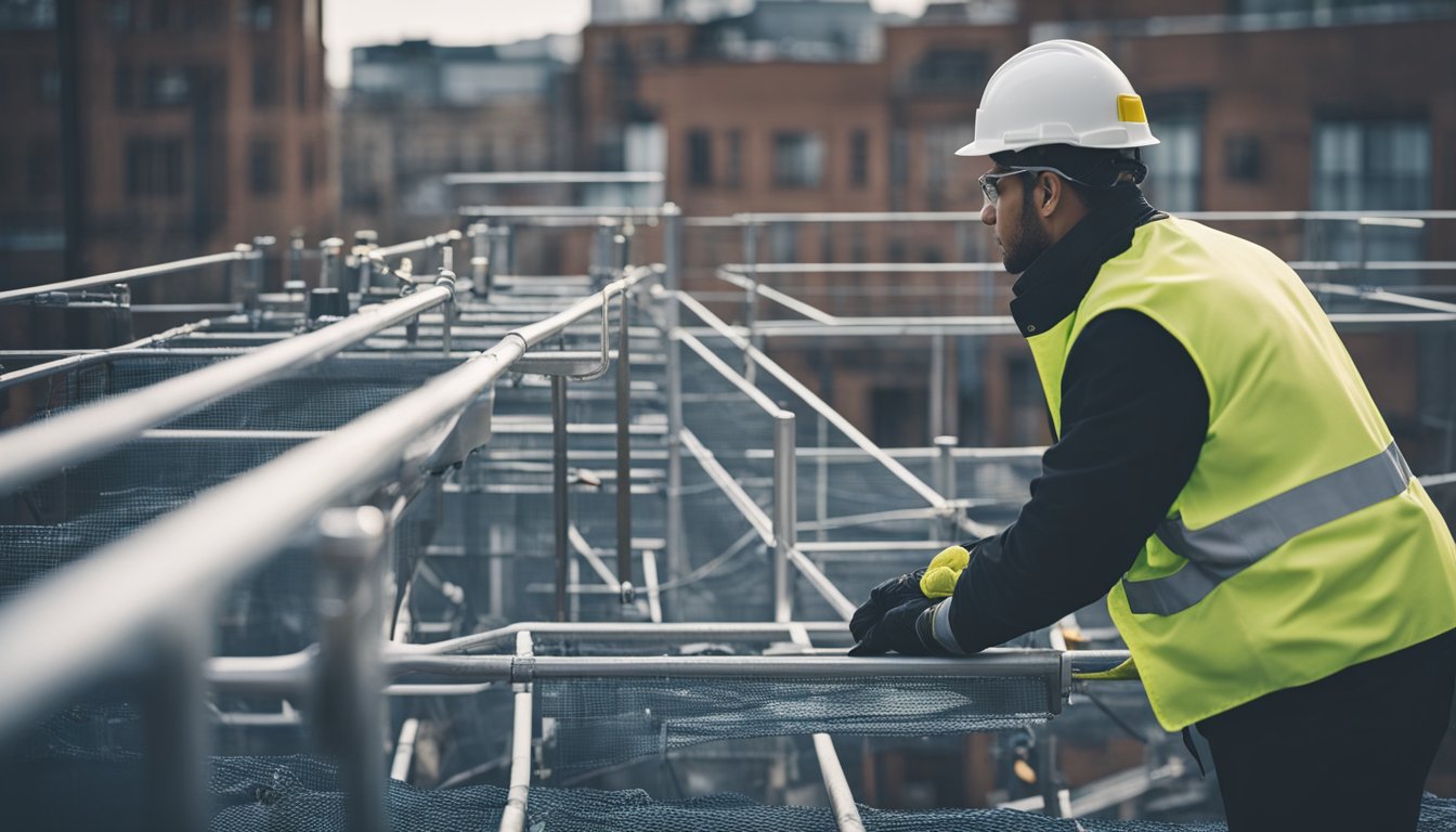 A worker wearing safety gear inspects a rooftop with guardrails and safety nets, while others use harnesses and ladders to access different areas