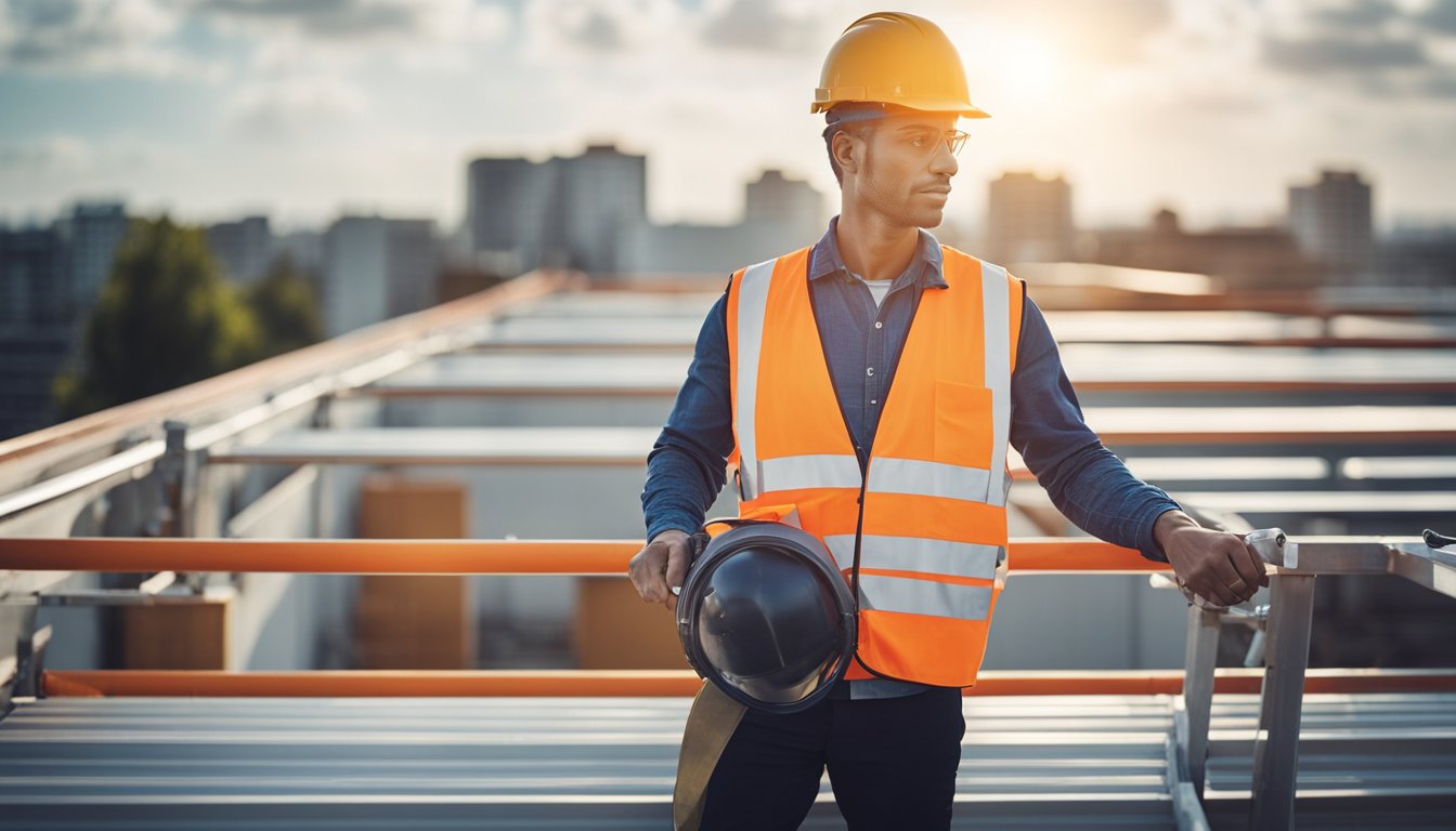 A worker inspecting a secure rooftop with safety barriers and equipment