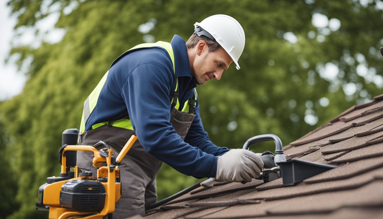 A roofer inspecting and repairing a well-maintained roof on a UK home, using tools and equipment to ensure its longevity and effectiveness