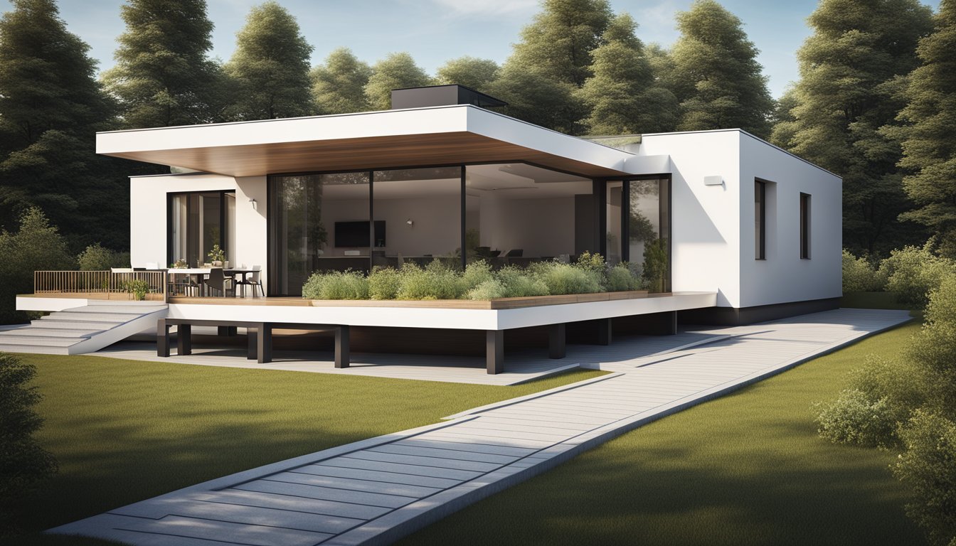 A sleek, modern home with a flat or low-pitched roof, featuring clean lines and minimalistic design. The roof may incorporate sustainable materials such as green roofs or solar panels