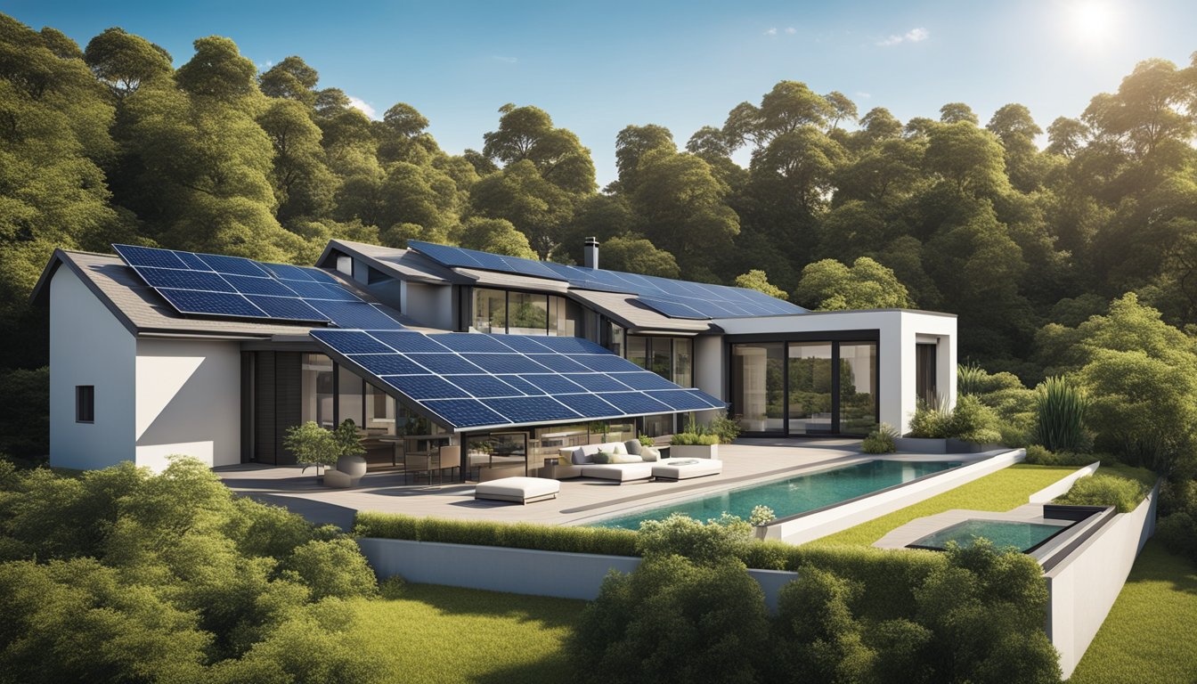 A modern home with solar panels integrated into the roofing system, surrounded by greenery and under a clear blue sky