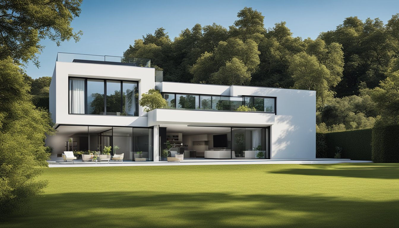 A modern home with a sleek, flat roof and clean lines, surrounded by greenery and under a clear blue sky