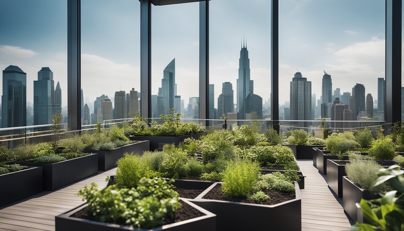 A modern urban rooftop garden with sleek, sustainable design features, surrounded by city skyscrapers and greenery