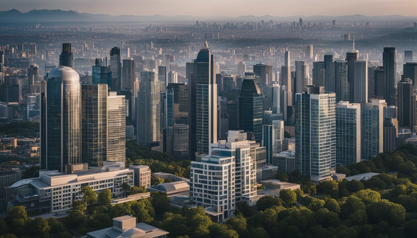 A city skyline with modern, sleek roof designs. Tall buildings with unique shapes and materials, set against a backdrop of urban infrastructure