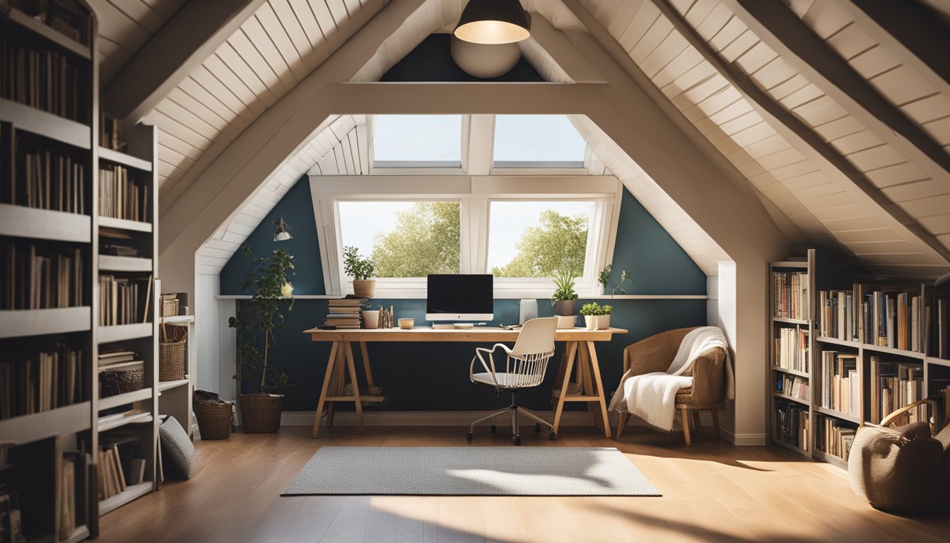 A cozy attic room with a dormer window, transformed into a study or reading nook with a desk, bookshelves, and a comfortable armchair