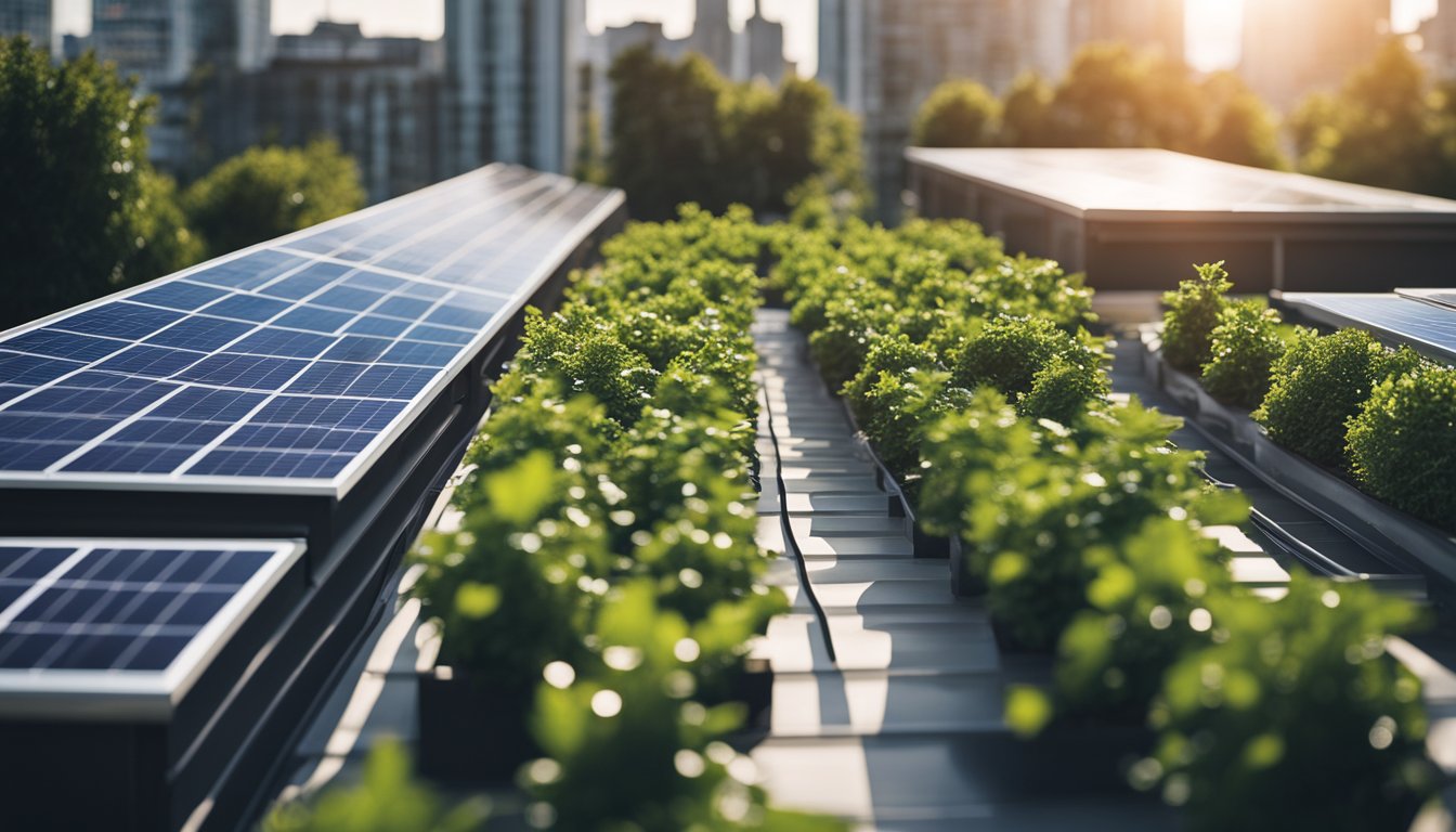 A modern urban rooftop with solar panels, greenery, and weather-resistant materials