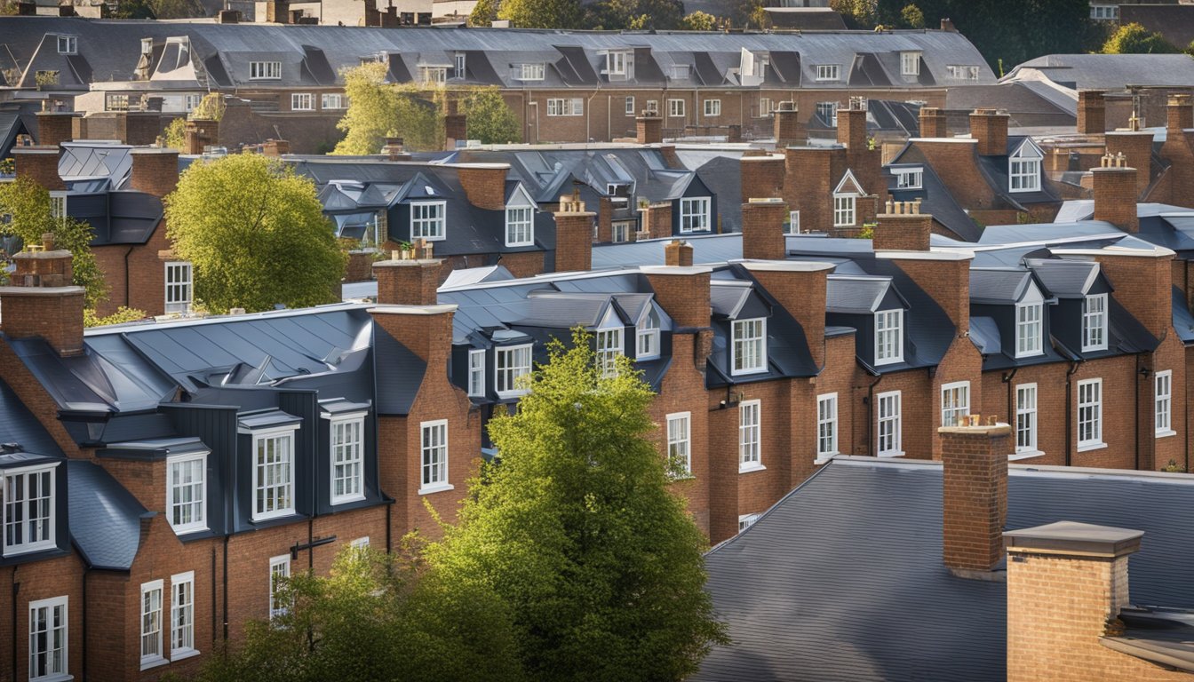 A row of UK urban buildings with various roof types, including traditional and modern smart roofing solutions