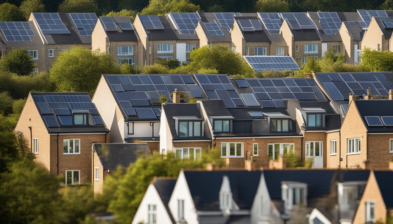 A row of traditional UK houses with sloped roofs, each fitted with modern climate-resilient materials and features such as solar panels and green roofs