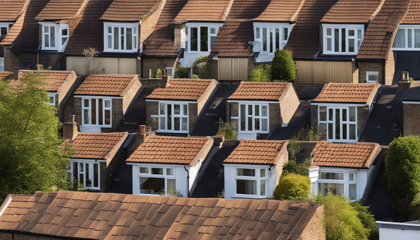 A row of traditional UK houses with various types of roofs, some being adapted for climate resilience