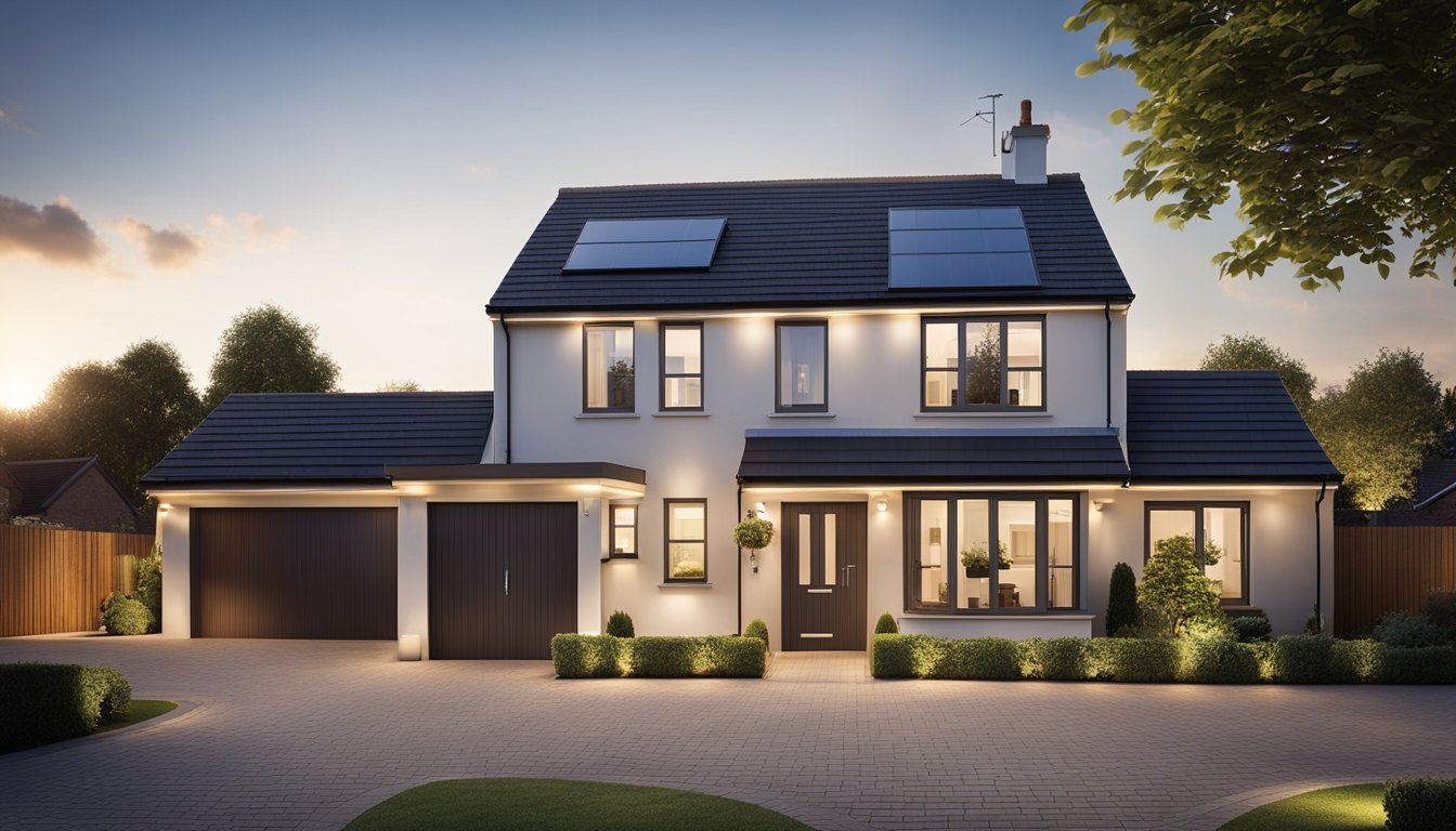 A modern UK home with energy-efficient roof lighting solutions, casting a warm and inviting glow on the exterior