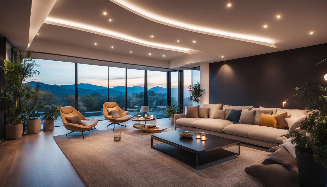 A cozy living room with a modern, innovative roof lighting system illuminating the space with warm, ambient light