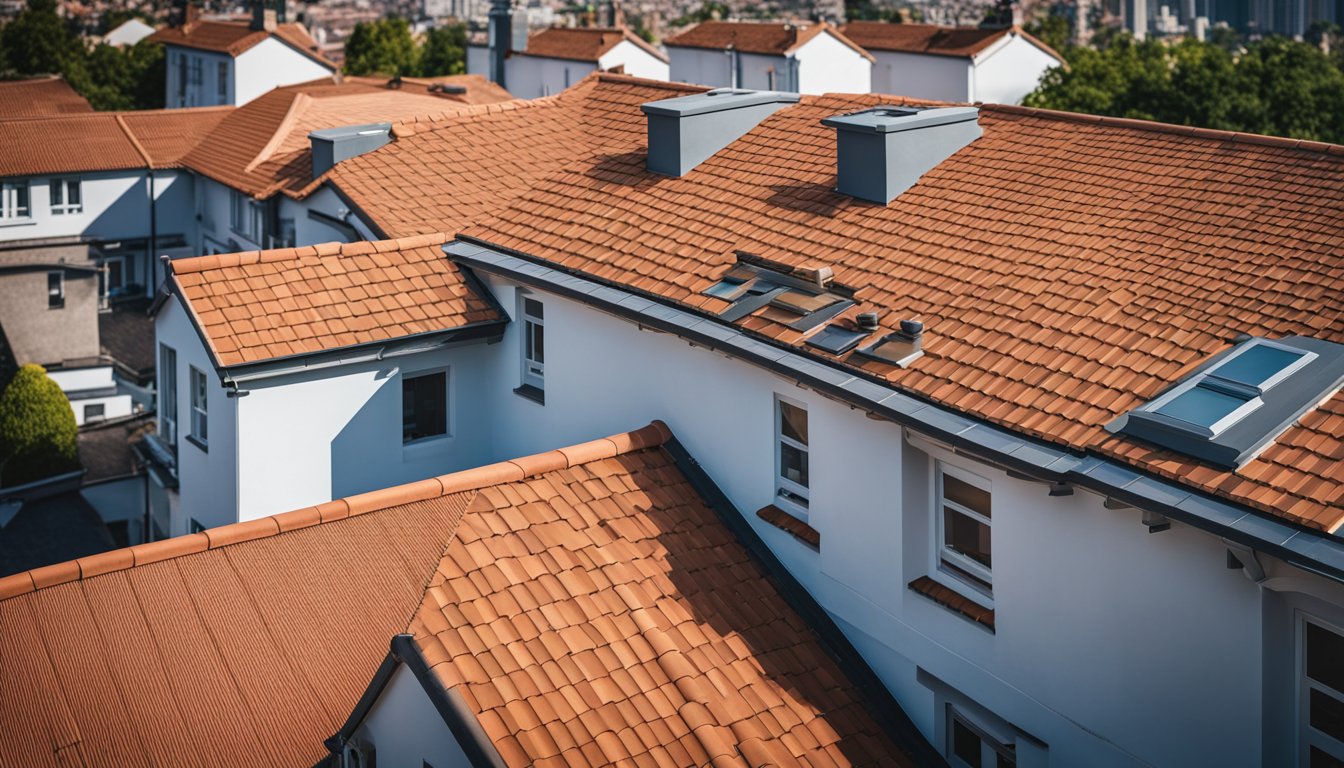 A rooftop with various roofing materials, including slate, clay tiles, and metal, with a focus on durability and eco-friendly options