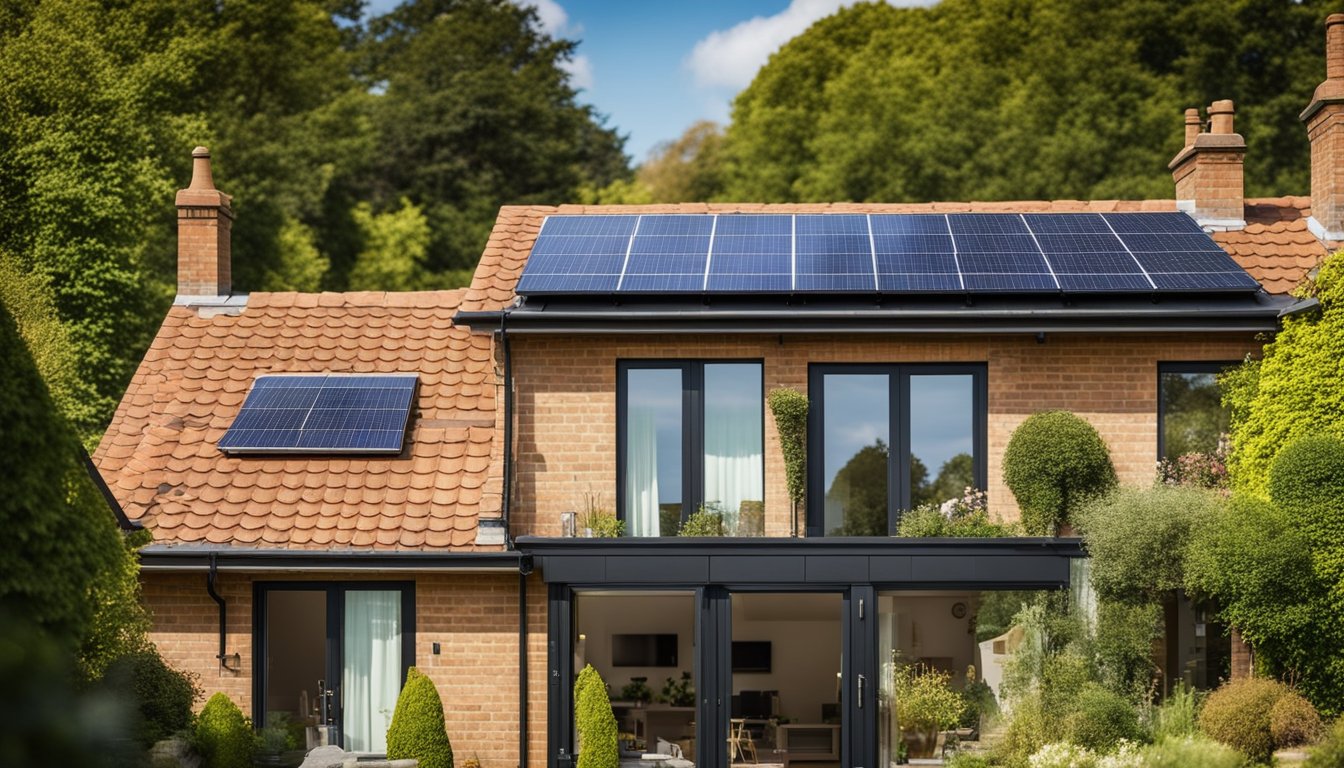 A sunny UK home with a variety of sustainable roofing materials, such as solar panels, green roofs, and recycled metal or clay tiles