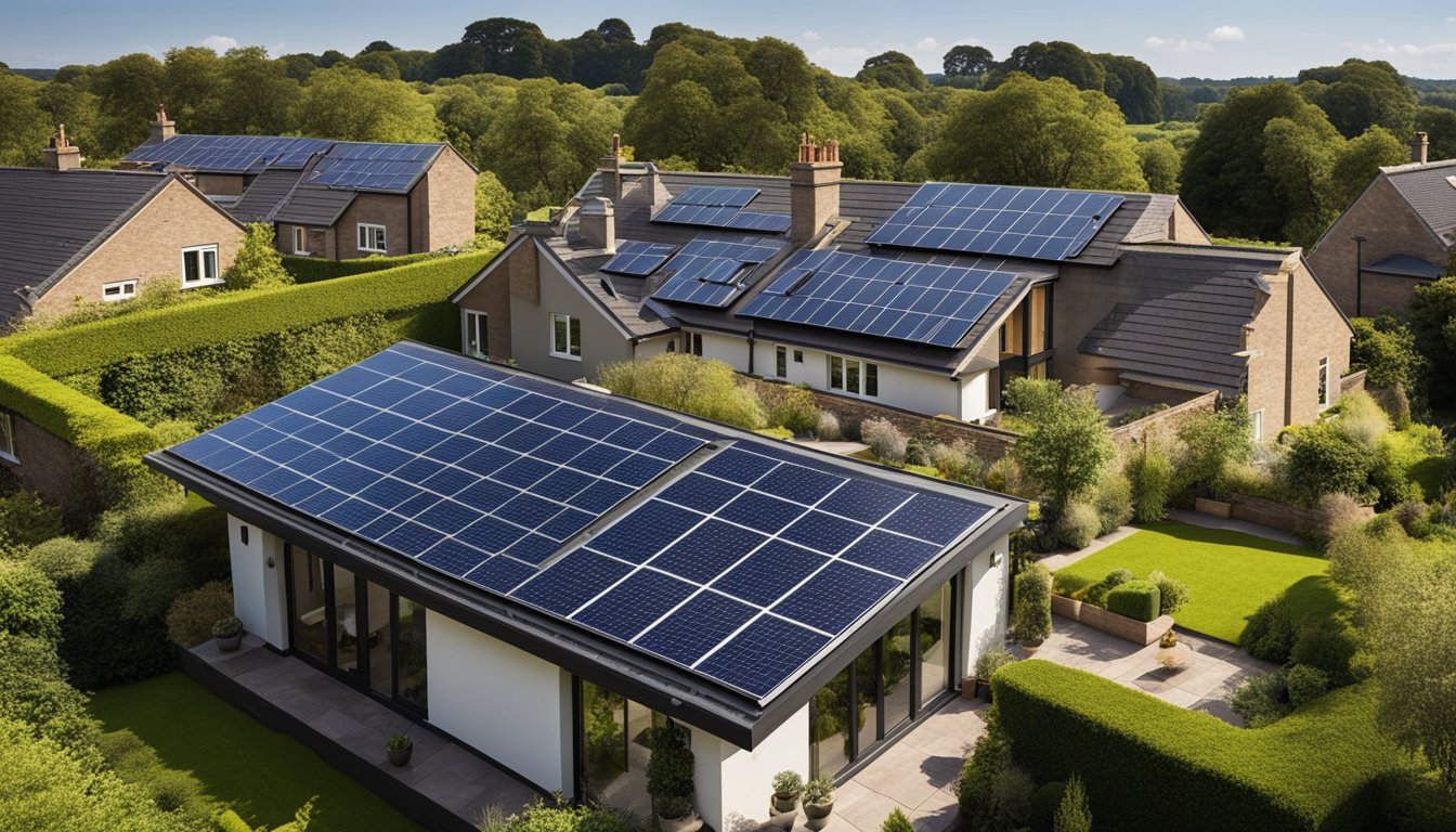 A UK home with a variety of sustainable roofing options, such as solar panels, green roofs, and recycled materials, set against a backdrop of a clear sky and lush greenery