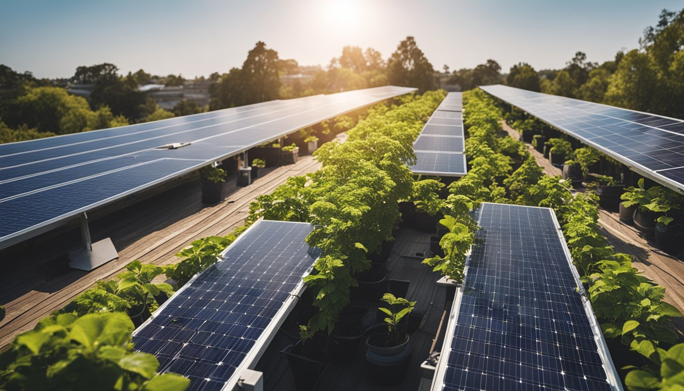 A sunny rooftop with solar panels, greenery, and water collection systems