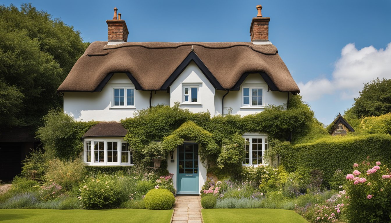 A quaint English cottage with a variety of traditional and modern roofing designs, surrounded by lush greenery and a clear blue sky