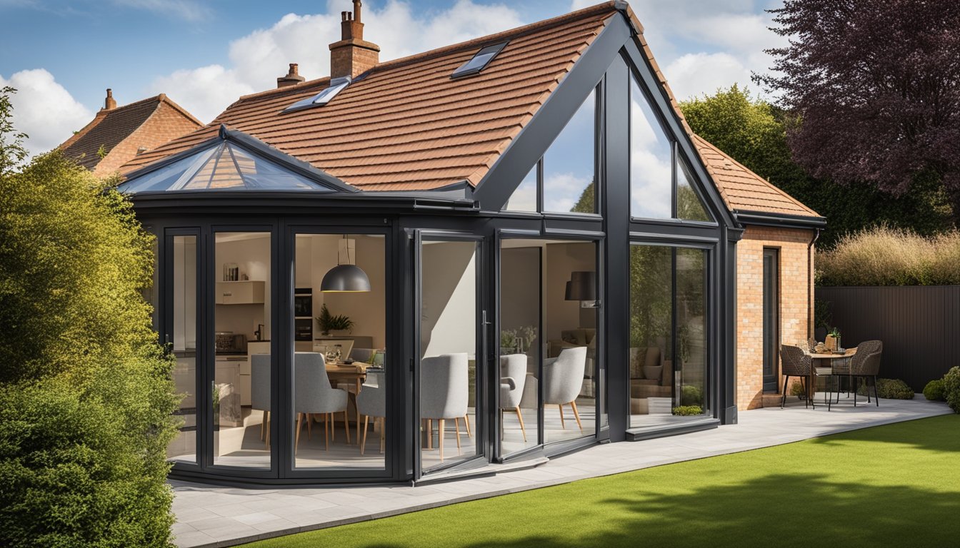 A cozy UK home with a spacious extension, featuring various creative roofing solutions such as skylights and unique architectural designs