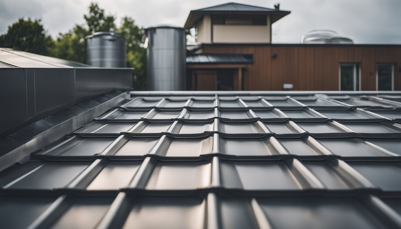 A sloped roof with gutters, downspouts, and a large rainwater storage tank connected to the system