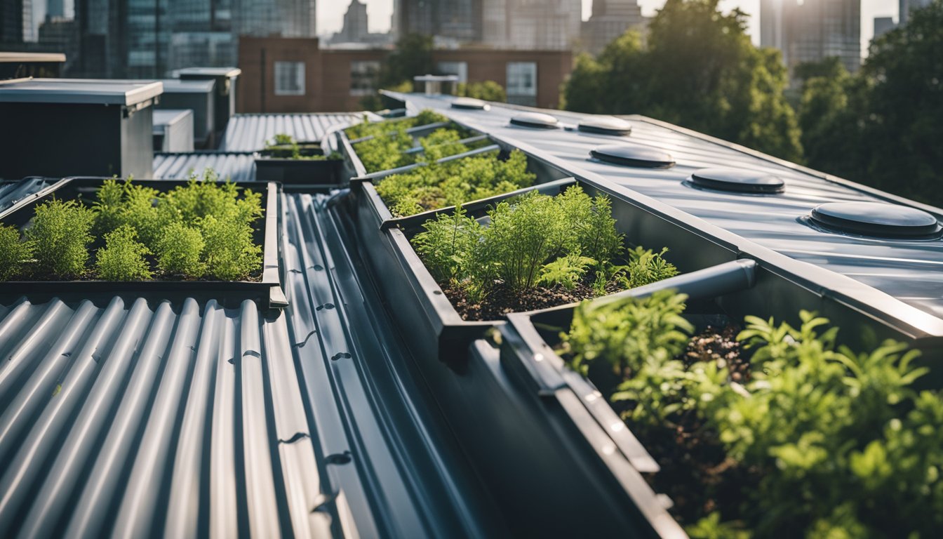 A rooftop with rainwater collection systems, including gutters, downspouts, and storage tanks, surrounded by greenery and showing signs of water conservation efforts