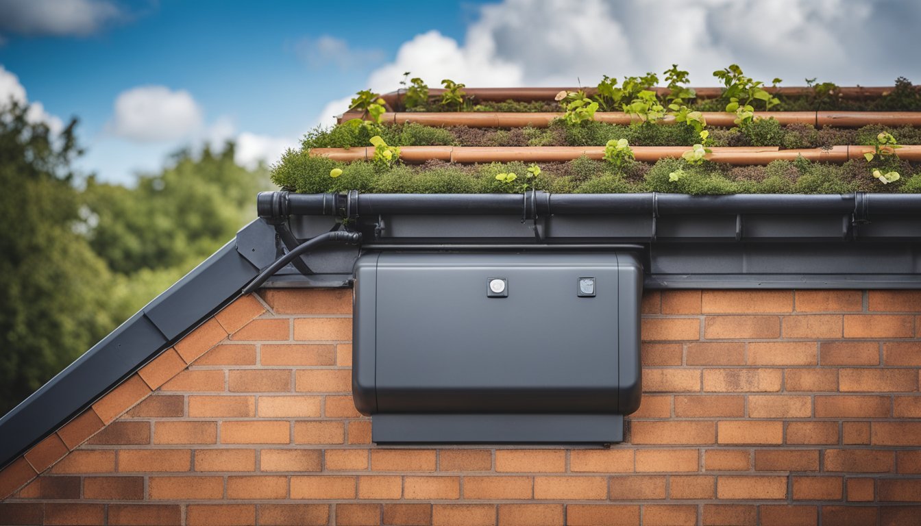 A sloped UK roof with rainwater harvesting system components, including gutters, downspouts, and a collection tank