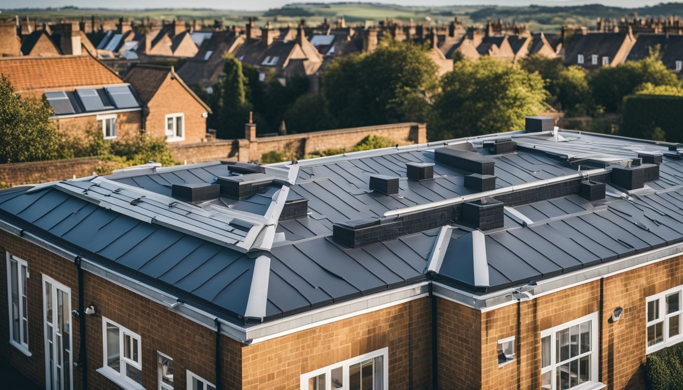 A rooftop adorned with traditional UK roofing materials, surrounded by modern innovations and sustainable solutions