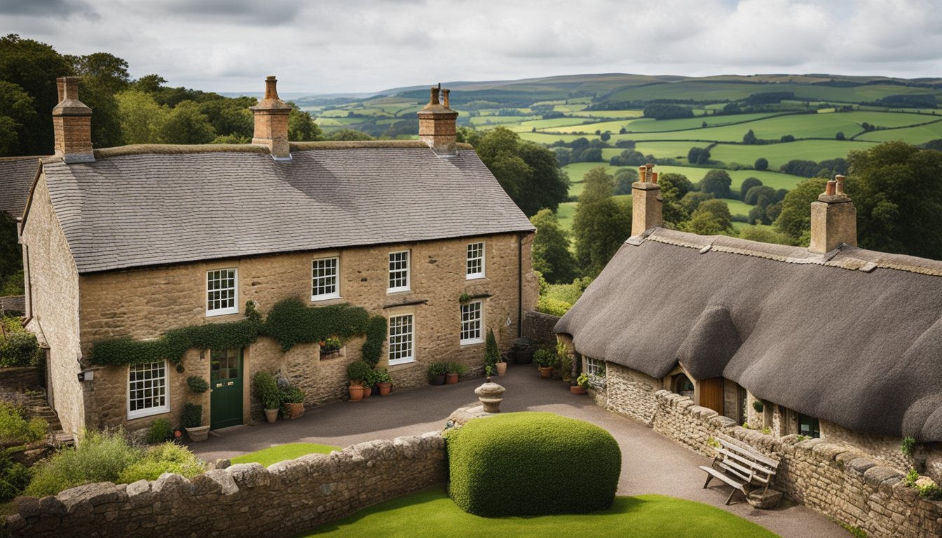 A traditional UK roof with materials such as slate, clay tiles, and thatch, surrounded by a countryside landscape with rolling hills and old stone buildings