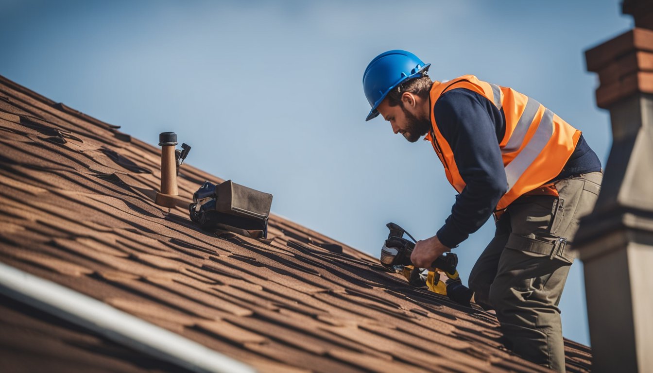 A roofer inspecting a UK rooftop for damage, using tools and equipment to assess the condition of the roof