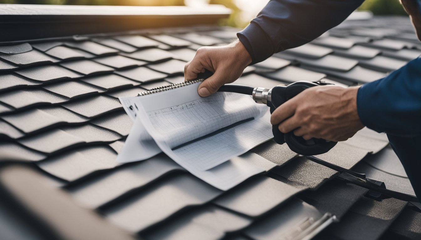 A roofer inspecting a UK house's roof with a checklist and tools