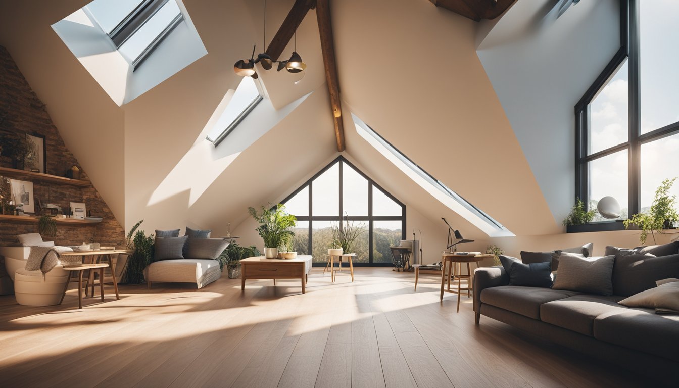 An attic with large windows, sunlight streaming in, brightening the space. A skylight illuminates the room with natural light, creating a warm and inviting atmosphere