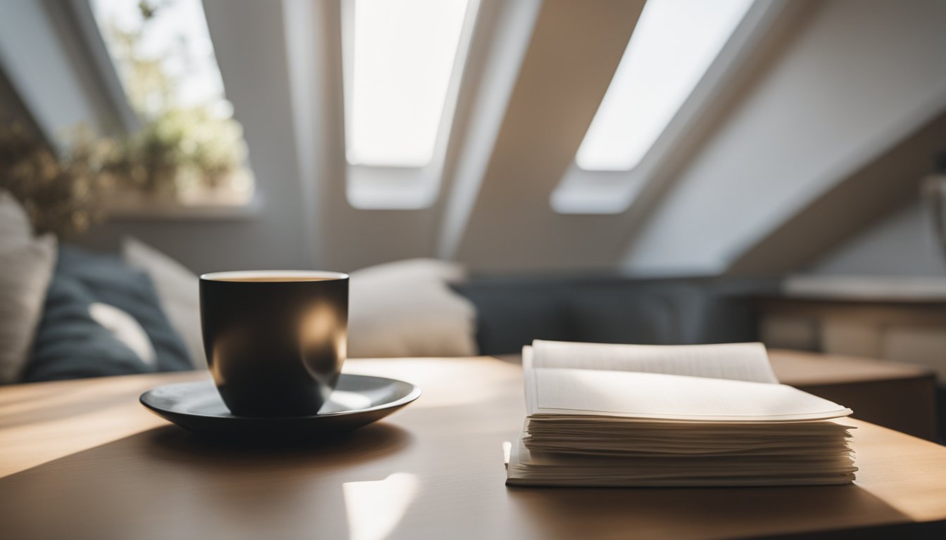 A cozy attic with a large skylight, flooding the space with natural light. A stack of FAQ pamphlets sits on a table