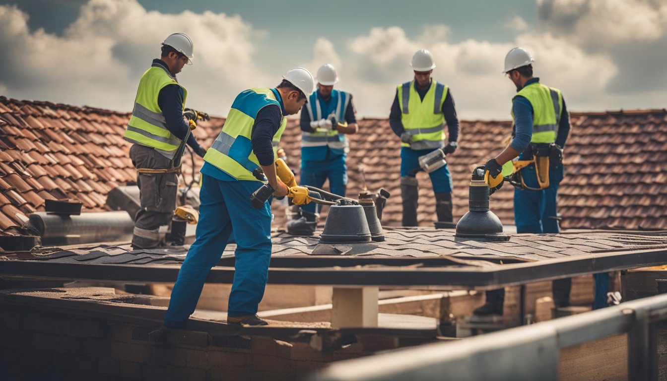 A team of workers inspecting and repairing a well-maintained roof, using advanced tools and techniques to ensure its longevity